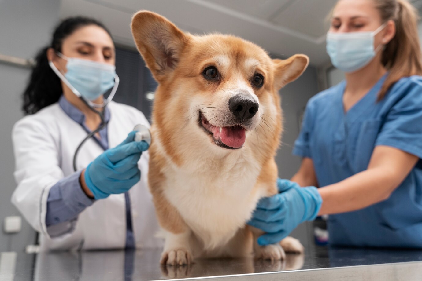 veterinær som tar seg av hunden